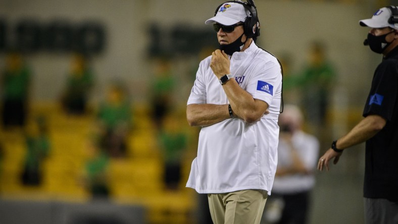 Sep 26, 2020; Waco, Texas, USA; Kansas Jayhawks head coach Les Miles during the game between the Bears and the Jayhawks at McLane Stadium. Mandatory Credit: Jerome Miron-USA TODAY Sports