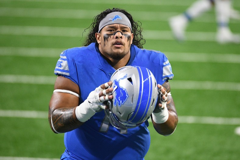 Oct 4, 2020; Detroit, Michigan, USA; Detroit Lions nose tackle Danny Shelton (71) warms up before a game against the New Orleans Saints at Ford Field. Mandatory Credit: Tim Fuller-USA TODAY Sports