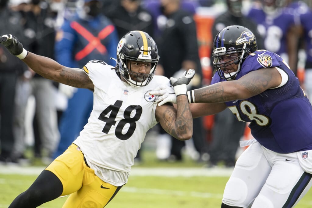 Nov 1, 2020; Baltimore, Maryland, USA;  Pittsburgh Steelers outside linebacker Bud Dupree (48) rushes as Baltimore Ravens offensive tackle Orlando Brown (78) blocks during the first half at M&T Bank Stadium. Mandatory Credit: Tommy Gilligan-USA TODAY Sports