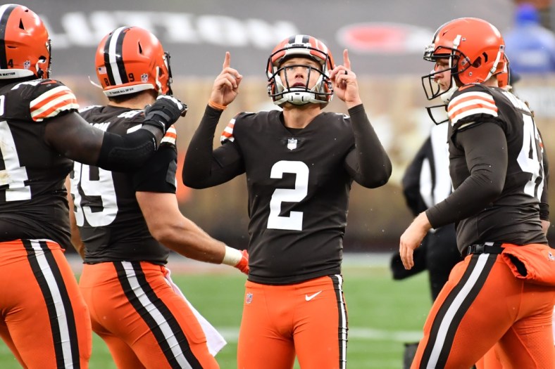 Nov 1, 2020; Cleveland, Ohio, USA; Cleveland Browns kicker Cody Parkey (2) celebrates after kicking a field goal during the second half against the Las Vegas Raiders at FirstEnergy Stadium. Mandatory Credit: Ken Blaze-USA TODAY Sports
