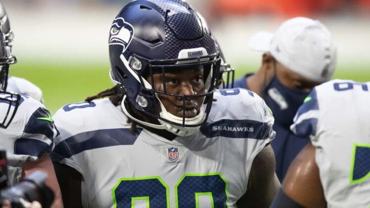 Oct 25, 2020; Glendale, Arizona, USA; Seattle Seahawks defensive tackle Jarran Reed (90) prior to the game against the Arizona Cardinals at State Farm Stadium. Mandatory Credit: Billy Hardiman-USA TODAY Sports