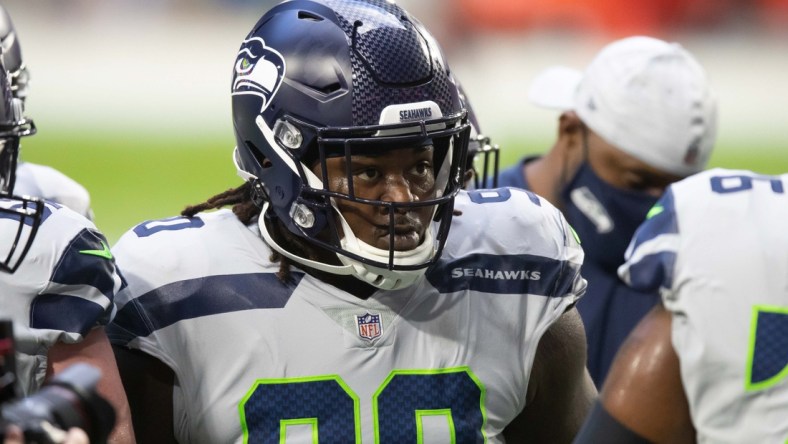 Oct 25, 2020; Glendale, Arizona, USA; Seattle Seahawks defensive tackle Jarran Reed (90) prior to the game against the Arizona Cardinals at State Farm Stadium. Mandatory Credit: Billy Hardiman-USA TODAY Sports