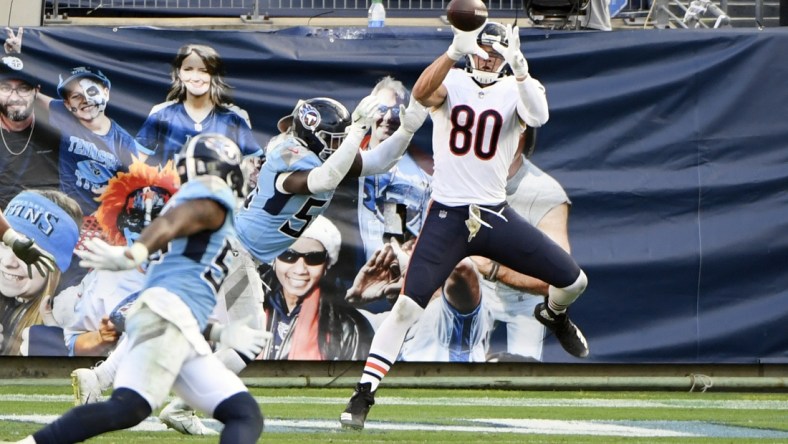 Nov 8, 2020; Nashville, Tennessee, USA;  Chicago Bears tight end Jimmy Graham (80) makes a touchdown catch as Tennessee Titans inside linebacker Jayon Brown (55) defends during the second half at Nissan Stadium. Mandatory Credit: Steve Roberts-USA TODAY Sports