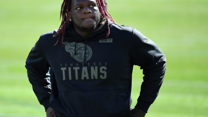 Nov 8, 2020; Nashville, Tennessee, USA; Tennessee Titans offensive tackle Isaiah Wilson (79) warms up before the game against the Chicago Bears at Nissan Stadium. Mandatory Credit: Christopher Hanewinckel-USA TODAY Sports