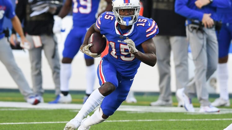 Nov 8, 2020; Orchard Park, New York, USA; Buffalo Bills wide receiver John Brown (15) runs with the ball after a catch against the Seattle Seahawks during the second quarter at Bills Stadium. Mandatory Credit: Rich Barnes-USA TODAY Sports