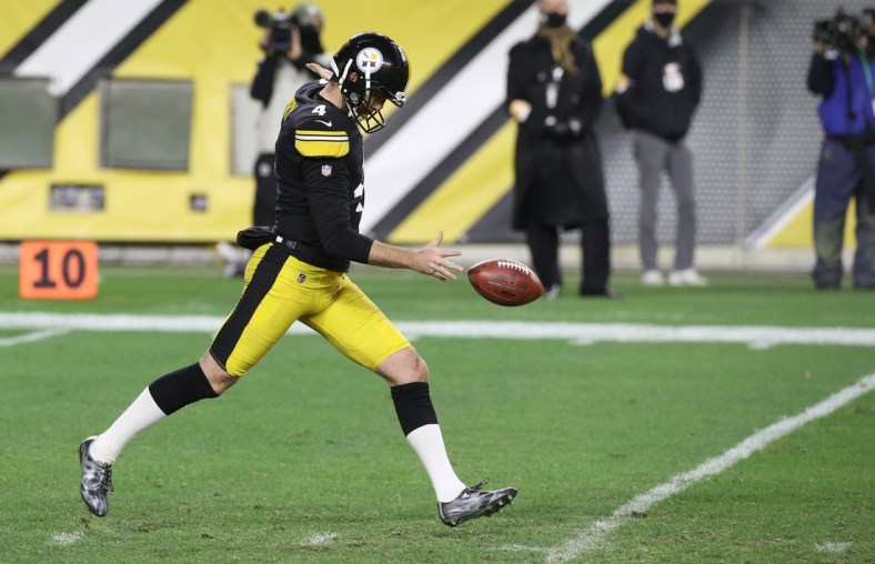 Nov 15, 2020; Pittsburgh, Pennsylvania, USA;  Pittsburgh Steelers punter Jordan Berry (4) punts the ball to the Cincinnati Bengals during the fourth quarter at Heinz Field. The Steelers won 36-10. Mandatory Credit: Charles LeClaire-USA TODAY Sports