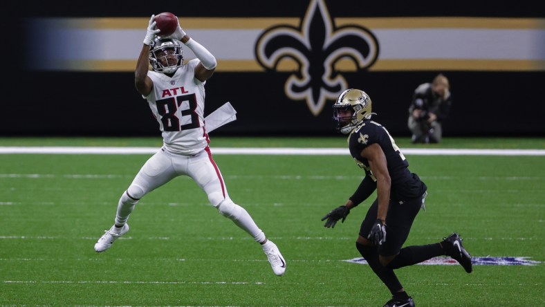 Nov 22, 2020; New Orleans, Louisiana, USA; Atlanta Falcons wide receiver Russell Gage (83) catches a pass against New Orleans Saints free safety Marcus Williams (43) during the second quarter at the Mercedes-Benz Superdome. Mandatory Credit: Derick E. Hingle-USA TODAY Sports