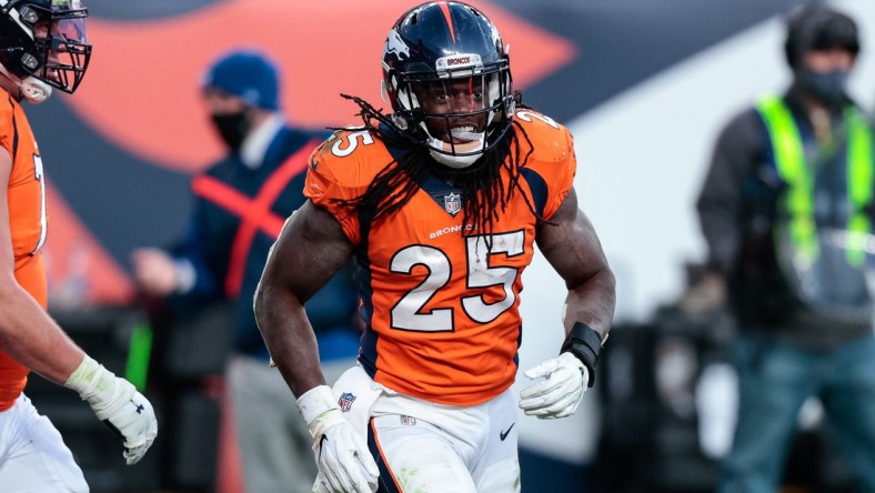 Nov 22, 2020; Denver, Colorado, USA; Denver Broncos running back Melvin Gordon III (25) after his touchdown in the third quarter against the Miami Dolphins at Empower Field at Mile High. Mandatory Credit: Isaiah J. Downing-USA TODAY Sports