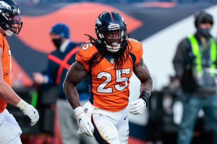 Nov 22, 2020; Denver, Colorado, USA; Denver Broncos running back Melvin Gordon III (25) after his touchdown in the third quarter against the Miami Dolphins at Empower Field at Mile High. Mandatory Credit: Isaiah J. Downing-USA TODAY Sports