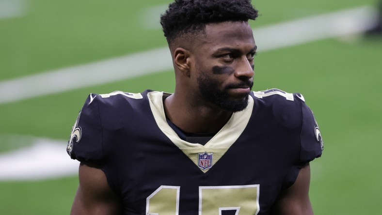 Nov 22, 2020; New Orleans, Louisiana, USA; New Orleans Saints wide receiver Emmanuel Sanders (17) prior to kickoff against the Atlanta Falcons at the Mercedes-Benz Superdome. Mandatory Credit: Derick E. Hingle-USA TODAY Sports
