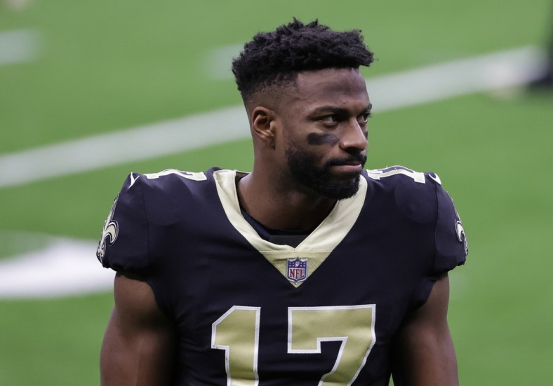 Nov 22, 2020; New Orleans, Louisiana, USA; New Orleans Saints wide receiver Emmanuel Sanders (17) prior to kickoff against the Atlanta Falcons at the Mercedes-Benz Superdome. Mandatory Credit: Derick E. Hingle-USA TODAY Sports