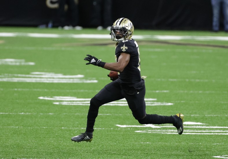 Nov 22, 2020; New Orleans, Louisiana, USA; New Orleans Saints wide receiver Emmanuel Sanders (17) runs against the Atlanta Falcons during the second half at the Mercedes-Benz Superdome. Mandatory Credit: Derick E. Hingle-USA TODAY Sports