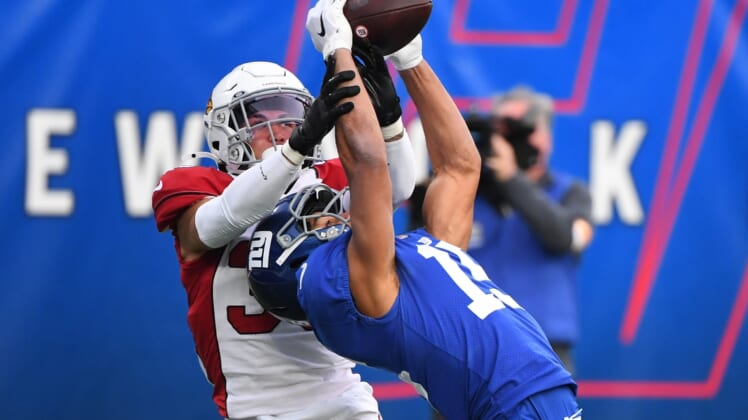Dec 13, 2020; East Rutherford, New Jersey, USA; New York Giants wide receiver Golden Tate (15) catches a pass at the one yard line against Arizona Cardinals cornerback Byron Murphy Jr. (33) during the second half at MetLife Stadium. Mandatory Credit: Robert Deutsch-USA TODAY Sports