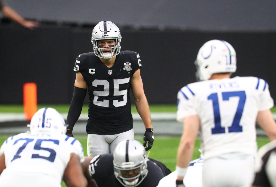 Dec 13, 2020; Paradise, Nevada, USA; Las Vegas Raiders safety Erik Harris (25) against the Indianapolis Colts at Allegiant Stadium. Mandatory Credit: Mark J. Rebilas-USA TODAY Sports