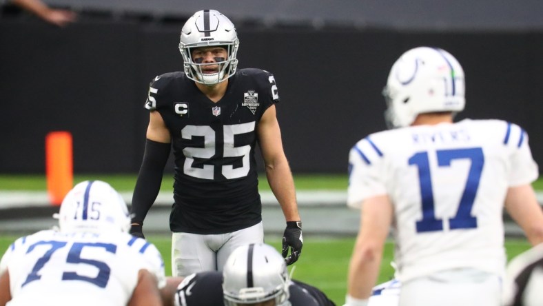 Dec 13, 2020; Paradise, Nevada, USA; Las Vegas Raiders safety Erik Harris (25) against the Indianapolis Colts at Allegiant Stadium. Mandatory Credit: Mark J. Rebilas-USA TODAY Sports