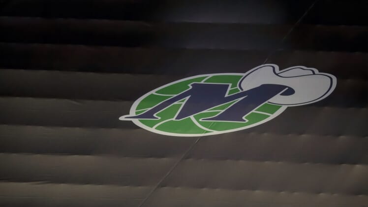 Dec 17, 2020; Dallas, Texas, USA; A view of the Dallas Mavericks logo on the tarp covering the arena seats during the game between the Dallas Mavericks and the Minnesota Timberwolves at the American Airlines Center. Mandatory Credit: Jerome Miron-USA TODAY Sports