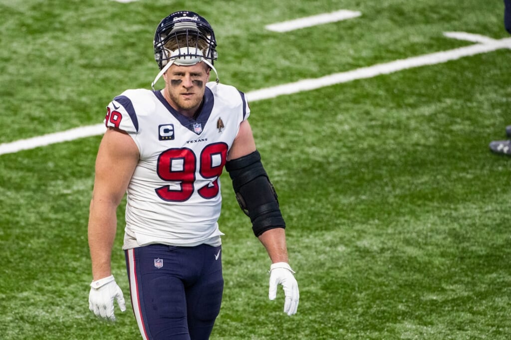 Dec 20, 2020; Indianapolis, Indiana, USA; Houston Texans defensive end J.J. Watt (99) during warmups before the game against the Indianapolis Colts at Lucas Oil Stadium. Mandatory Credit: Trevor Ruszkowski-USA TODAY Sports