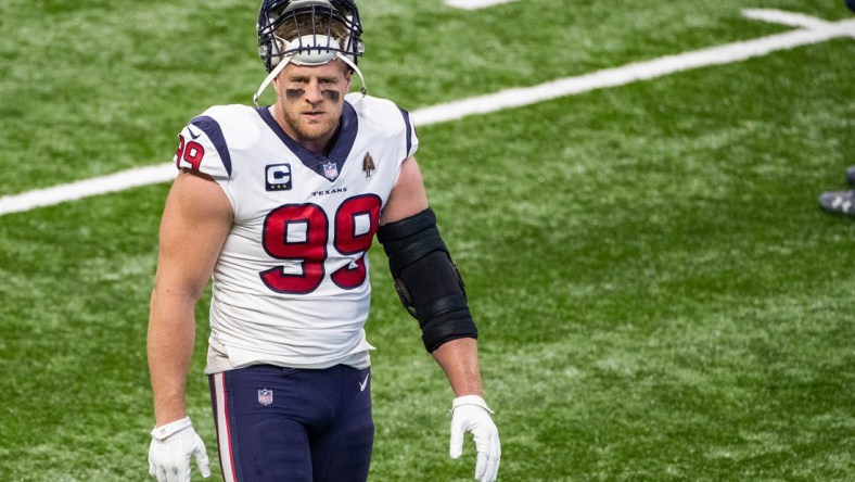 Dec 20, 2020; Indianapolis, Indiana, USA; Houston Texans defensive end J.J. Watt (99) during warmups before the game against the Indianapolis Colts at Lucas Oil Stadium. Mandatory Credit: Trevor Ruszkowski-USA TODAY Sports