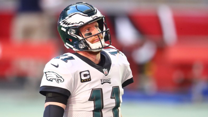 Dec 20, 2020; Glendale, Arizona, USA; Philadelphia Eagles quarterback Carson Wentz (11) against the Arizona Cardinals at State Farm Stadium. Mandatory Credit: Mark J. Rebilas-USA TODAY Sports