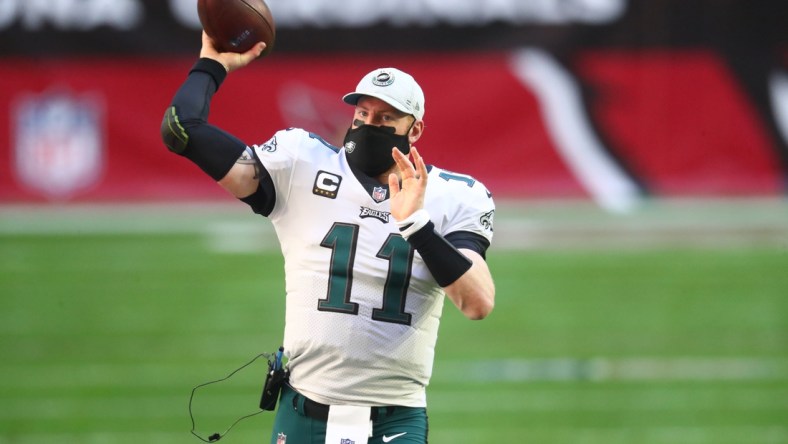 Dec 20, 2020; Glendale, Arizona, USA; Philadelphia Eagles quarterback Carson Wentz (11) against the Arizona Cardinals at State Farm Stadium. Mandatory Credit: Mark J. Rebilas-USA TODAY Sports