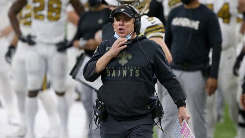 Dec 25, 2020; New Orleans, Louisiana, USA; New Orleans Saints head coach Sean Payton takes off his mask to yell to his players in the second half against the Minnesota Vikings at the Mercedes-Benz Superdome. Mandatory Credit: Chuck Cook-USA TODAY Sports