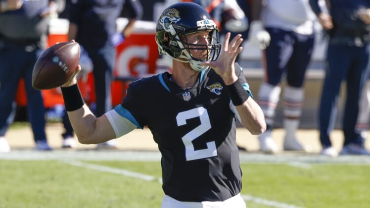 Dec 27, 2020; Jacksonville, Florida, USA; Jacksonville Jaguars quarterback Mike Glennon (2) throws a pass against the Chicago Bears during the first quarter at TIAA Bank Field. Mandatory Credit: Reinhold Matay-USA TODAY Sports