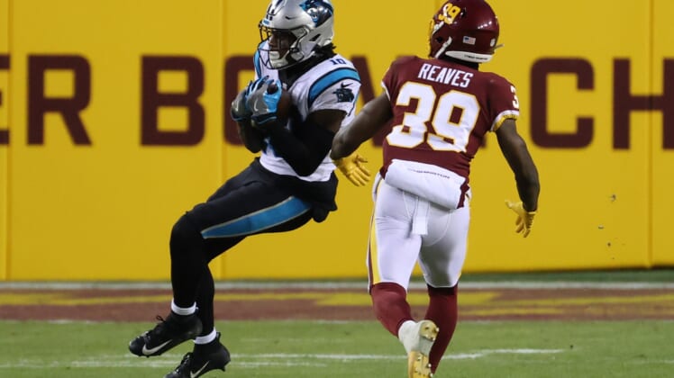 Dec 27, 2020; Landover, Maryland, USA; Carolina Panthers wide receiver Curtis Samuel (10) catches a pass as Washington Football Team defensive back Jeremy Reaves (39) in the second quarter at FedExField. Mandatory Credit: Geoff Burke-USA TODAY Sports
