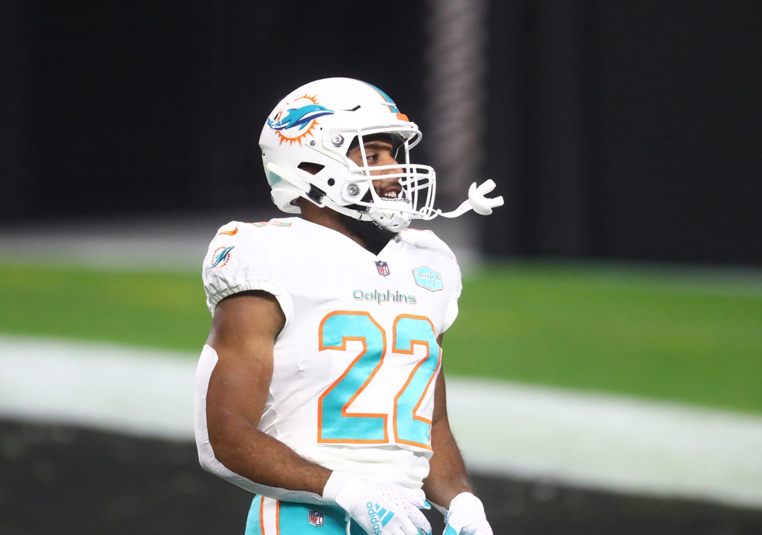 Dec 26, 2020; Paradise, Nevada, USA; Miami Dolphins running back Matt Breida (22) against the Las Vegas Raiders at Allegiant Stadium. Mandatory Credit: Mark J. Rebilas-USA TODAY Sports