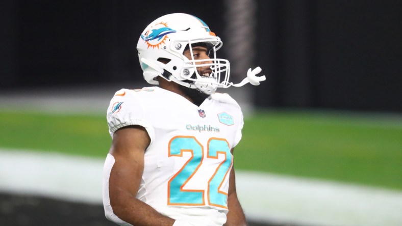 Dec 26, 2020; Paradise, Nevada, USA; Miami Dolphins running back Matt Breida (22) against the Las Vegas Raiders at Allegiant Stadium. Mandatory Credit: Mark J. Rebilas-USA TODAY Sports