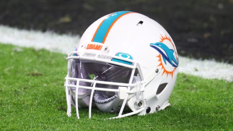 Dec 26, 2020; Paradise, Nevada, USA; Detailed view of a Miami Dolphins helmet against the Las Vegas Raiders at Allegiant Stadium. Mandatory Credit: Mark J. Rebilas-USA TODAY Sports