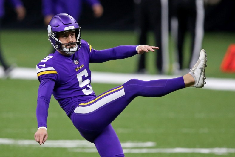 Dec 25, 2020; New Orleans, Louisiana, USA; Minnesota Vikings kicker Dan Bailey (5) warms up before their game against the New Orleans Saints at the Mercedes-Benz Superdome. Mandatory Credit: Chuck Cook-USA TODAY Sports