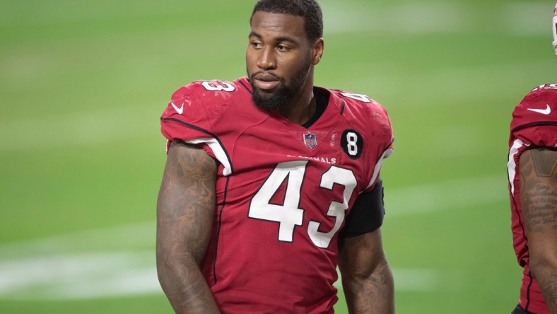 Dec 26, 2020; Glendale, Arizona, USA; Arizona Cardinals outside linebacker Haason Reddick (43) following the game against the San Francisco 49ers at State Farm Stadium. Mandatory Credit: Billy Hardiman-USA TODAY Sports