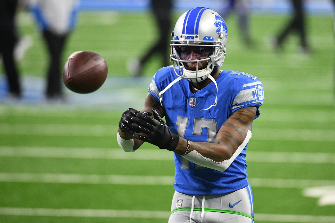 Jan 3, 2021; Detroit, Michigan, USA; Detroit Lions wide receiver Mohamed Sanu warms up before the game against the Minnesota Vikings at Ford Field. Mandatory Credit: Tim Fuller-USA TODAY Sports