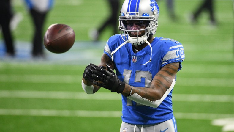 Jan 3, 2021; Detroit, Michigan, USA; Detroit Lions wide receiver Mohamed Sanu warms up before the game against the Minnesota Vikings at Ford Field. Mandatory Credit: Tim Fuller-USA TODAY Sports