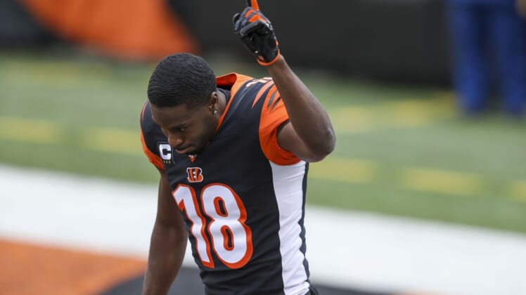 Jan 3, 2021; Cincinnati, Ohio, USA; Cincinnati Bengals wide receiver A.J. Green (18) reacts prior to the game against the Baltimore Ravens at Paul Brown Stadium. Mandatory Credit: Katie Stratman-USA TODAY Sports