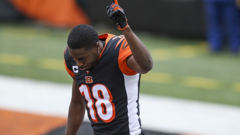 Jan 3, 2021; Cincinnati, Ohio, USA; Cincinnati Bengals wide receiver A.J. Green (18) reacts prior to the game against the Baltimore Ravens at Paul Brown Stadium. Mandatory Credit: Katie Stratman-USA TODAY Sports