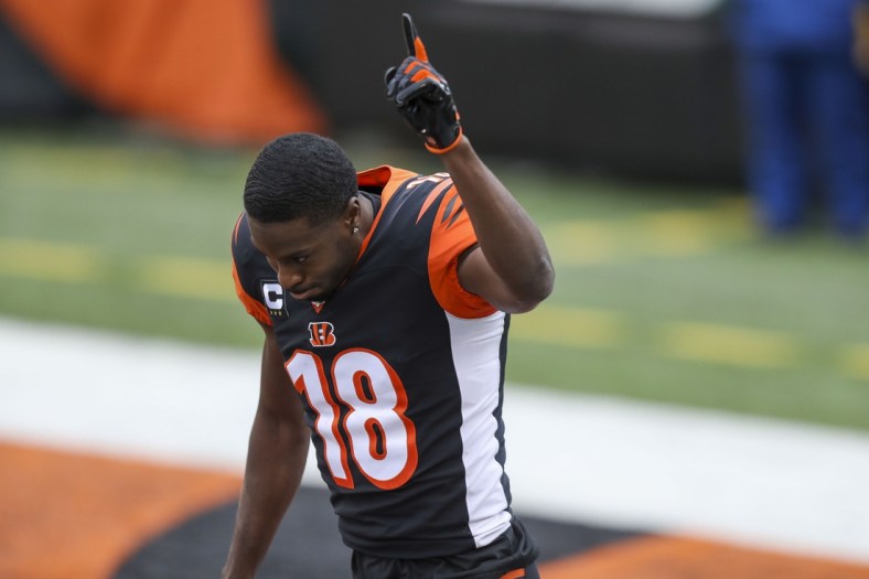 Jan 3, 2021; Cincinnati, Ohio, USA; Cincinnati Bengals wide receiver A.J. Green (18) reacts prior to the game against the Baltimore Ravens at Paul Brown Stadium. Mandatory Credit: Katie Stratman-USA TODAY Sports