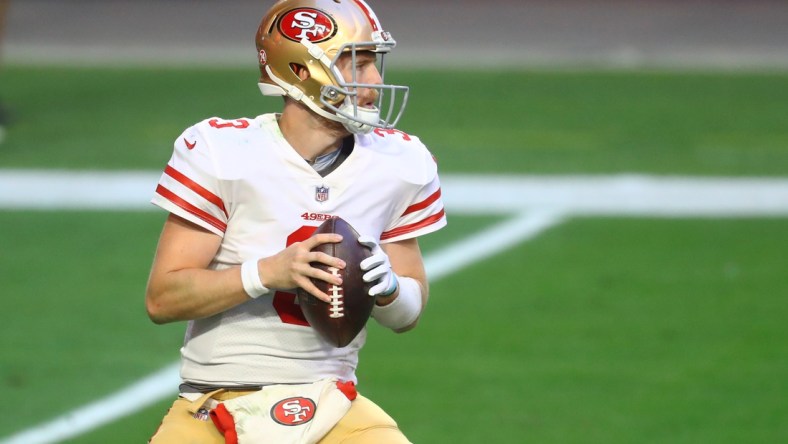 Jan 3, 2021; Glendale, Arizona, USA; San Francisco 49ers quarterback C.J. Beathard (3) against the Seattle Seahawks at State Farm Stadium. Mandatory Credit: Mark J. Rebilas-USA TODAY Sports