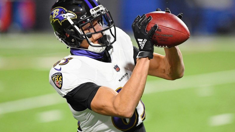 Jan 16, 2021; Orchard Park, New York, USA; Baltimore Ravens wide receiver Willie Snead (83) makes a catch during warm ups before an AFC Divisional Round playoff game against the Buffalo Bills at Bills Stadium. Mandatory Credit: Rich Barnes-USA TODAY Sports