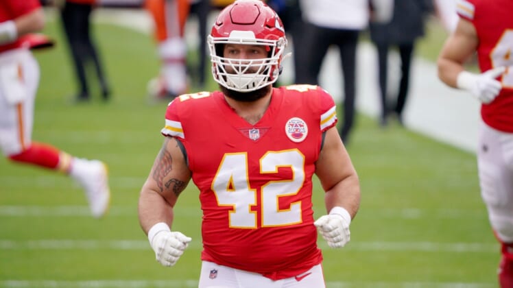Jan 17, 2021; Kansas City, Missouri, USA; Kansas City Chiefs fullback Anthony Sherman (42) warms up before the AFC Divisional Round playoff game against the Cleveland Browns at Arrowhead Stadium. Mandatory Credit: Denny Medley-USA TODAY Sports