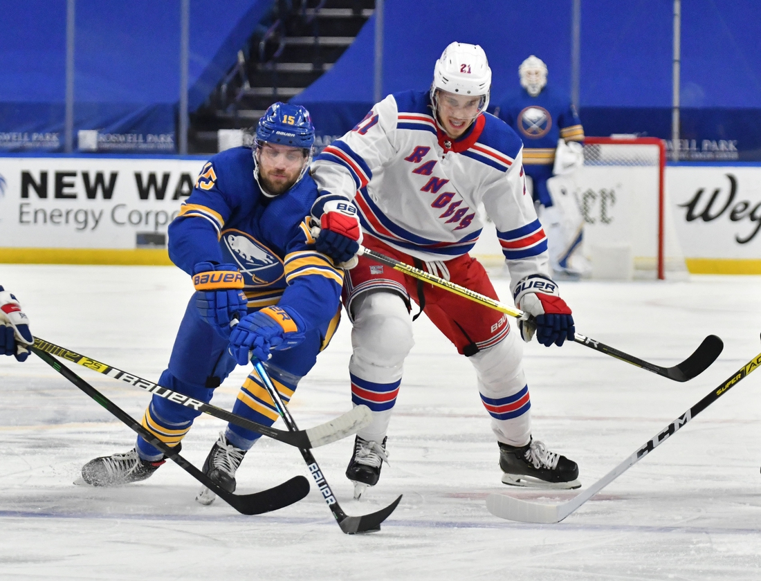 Jan 28, 2021; Buffalo, New York, USA; Buffalo Sabres center Riley Sheahan (15) and New York Rangers center Brett Howden (21) reach for the puck in the second period at KeyBank Center. Mandatory Credit: Mark Konezny-USA TODAY Sports