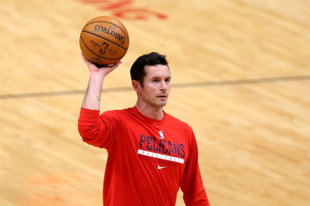 Feb 6, 2021; New Orleans, Louisiana, USA; New Orleans Pelicans guard JJ Redick (4) warms up before the game against the Memphis Grizzlies at the Smoothie King Center. Mandatory Credit: Chuck Cook-USA TODAY Sports