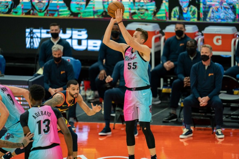 Feb 17, 2021; San Francisco, California, USA; Miami Heat guard Duncan Robinson (55) shoots a three point basket against the Golden State Warriors during the third quarter at Chase Center. Mandatory Credit: Neville E. Guard-USA TODAY Sports