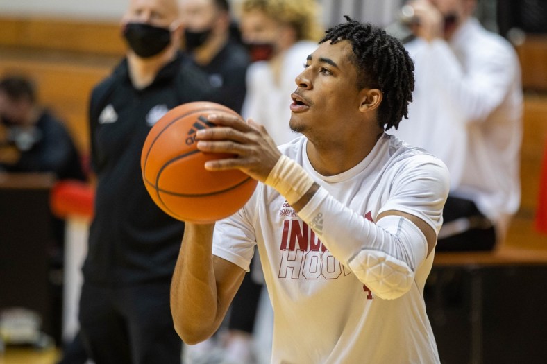 Feb 20, 2021; Bloomington, Indiana, USA; Indiana Hoosiers guard Armaan Franklin (2) shoots the ball during warm ups before the game against the Michigan State Spartans  at Simon Skjodt Assembly Hall. Mandatory Credit: Trevor Ruszkowski-USA TODAY Sports