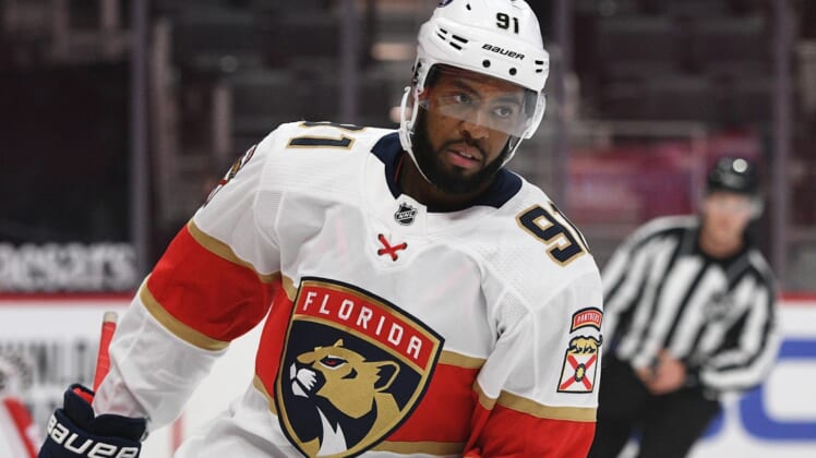 Feb 19, 2021; Detroit, Michigan, USA; Florida Panthers left wing Anthony Duclair (91) during the first period against the Detroit Red Wings at Little Caesars Arena. Mandatory Credit: Tim Fuller-USA TODAY Sports