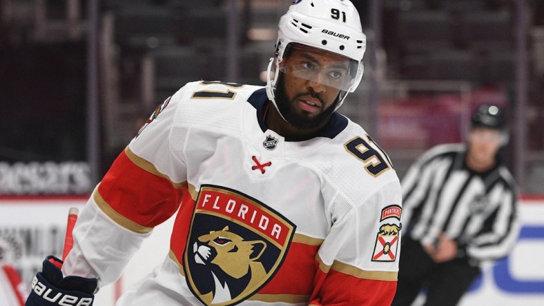 Feb 19, 2021; Detroit, Michigan, USA; Florida Panthers left wing Anthony Duclair (91) during the first period against the Detroit Red Wings at Little Caesars Arena. Mandatory Credit: Tim Fuller-USA TODAY Sports