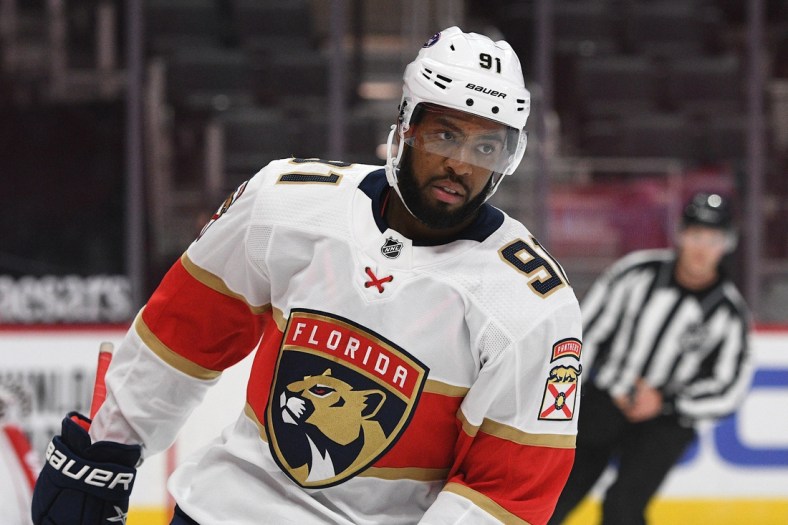 Feb 19, 2021; Detroit, Michigan, USA; Florida Panthers left wing Anthony Duclair (91) during the first period against the Detroit Red Wings at Little Caesars Arena. Mandatory Credit: Tim Fuller-USA TODAY Sports
