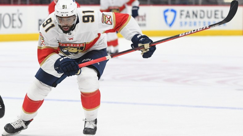 Feb 19, 2021; Detroit, Michigan, USA; Florida Panthers left wing Anthony Duclair (91) during the third period against the Detroit Red Wings at Little Caesars Arena. Mandatory Credit: Tim Fuller-USA TODAY Sports