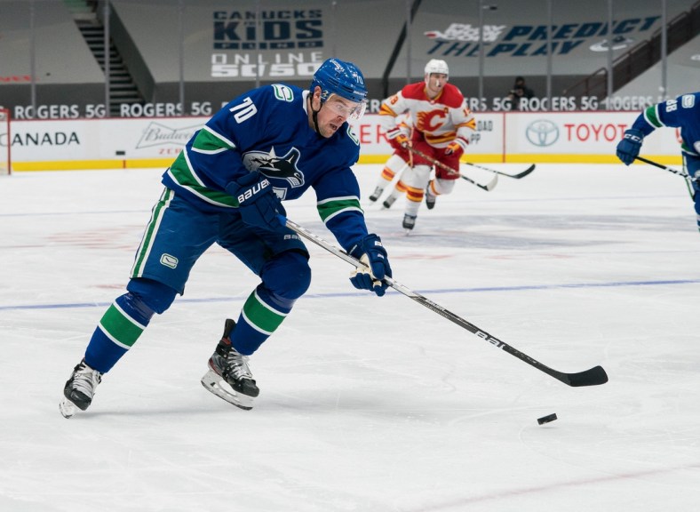 Feb 15, 2021; Vancouver, British Columbia, CAN; Vancouver Canucks forward Tanner Pearson (70) skates against the Calgary Flames in the third period period at Rogers Arena. Flames won 4-3 in Overtime. Mandatory Credit: Bob Frid-USA TODAY Sports