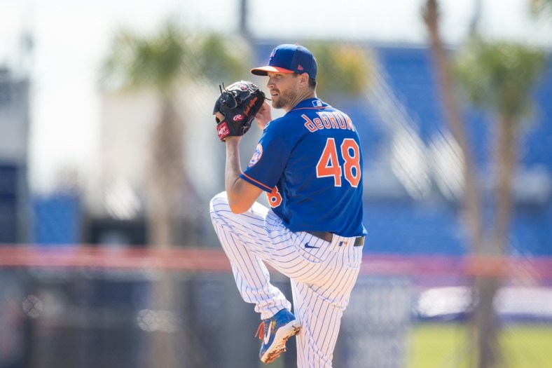 Feb 23, 2021; Port St. Lucie, Florida, USA; New York Mets starting pitcher Jacob deGrom (48) participates in workouts during spring training at Clover Park.  Mandatory Credit: Mary Holt-USA TODAY Sports